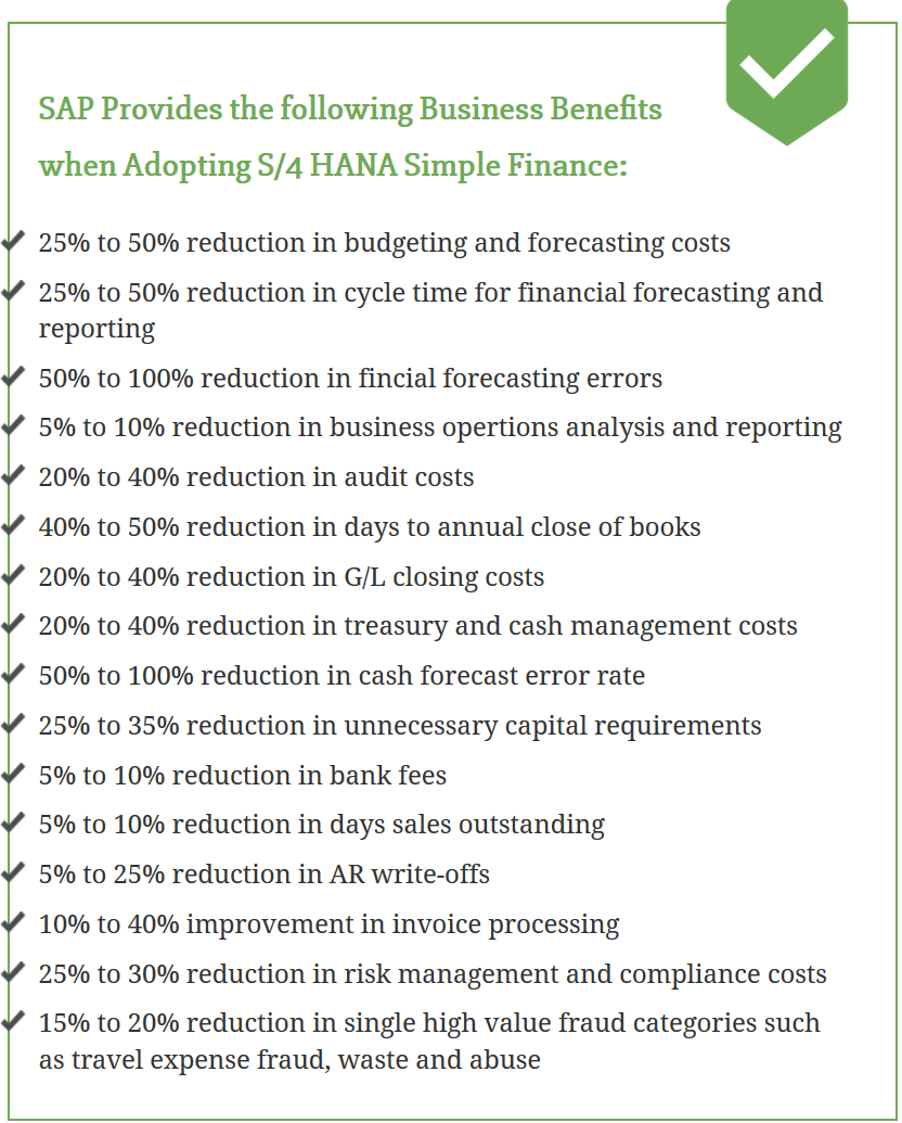 S/4 Hana Finanace Benefits bulleted list
