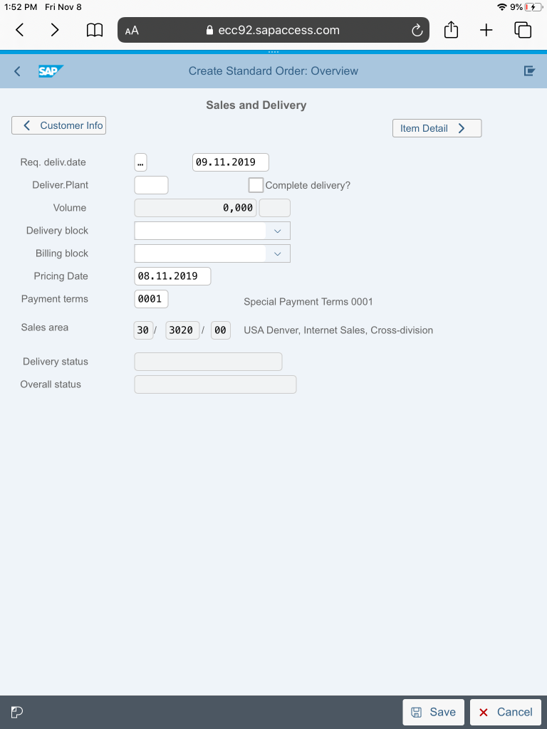 Va01 Sales & Delivery Viewport on iPad